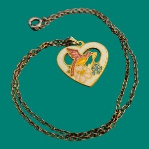 Vintage 1970s Dainty Fairy Cloisonne Floral Bird Heart Pendant Chain Necklace